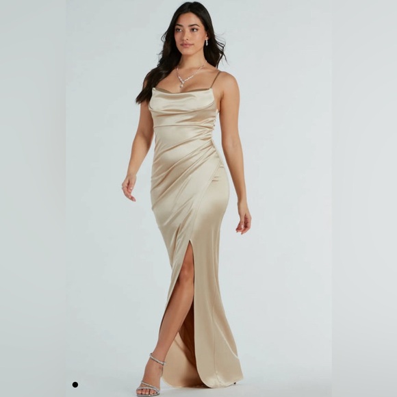 NWT Ivory Satin High Slit Dress - Picture 1 of 5